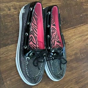 Black and silver glitter sperry’s